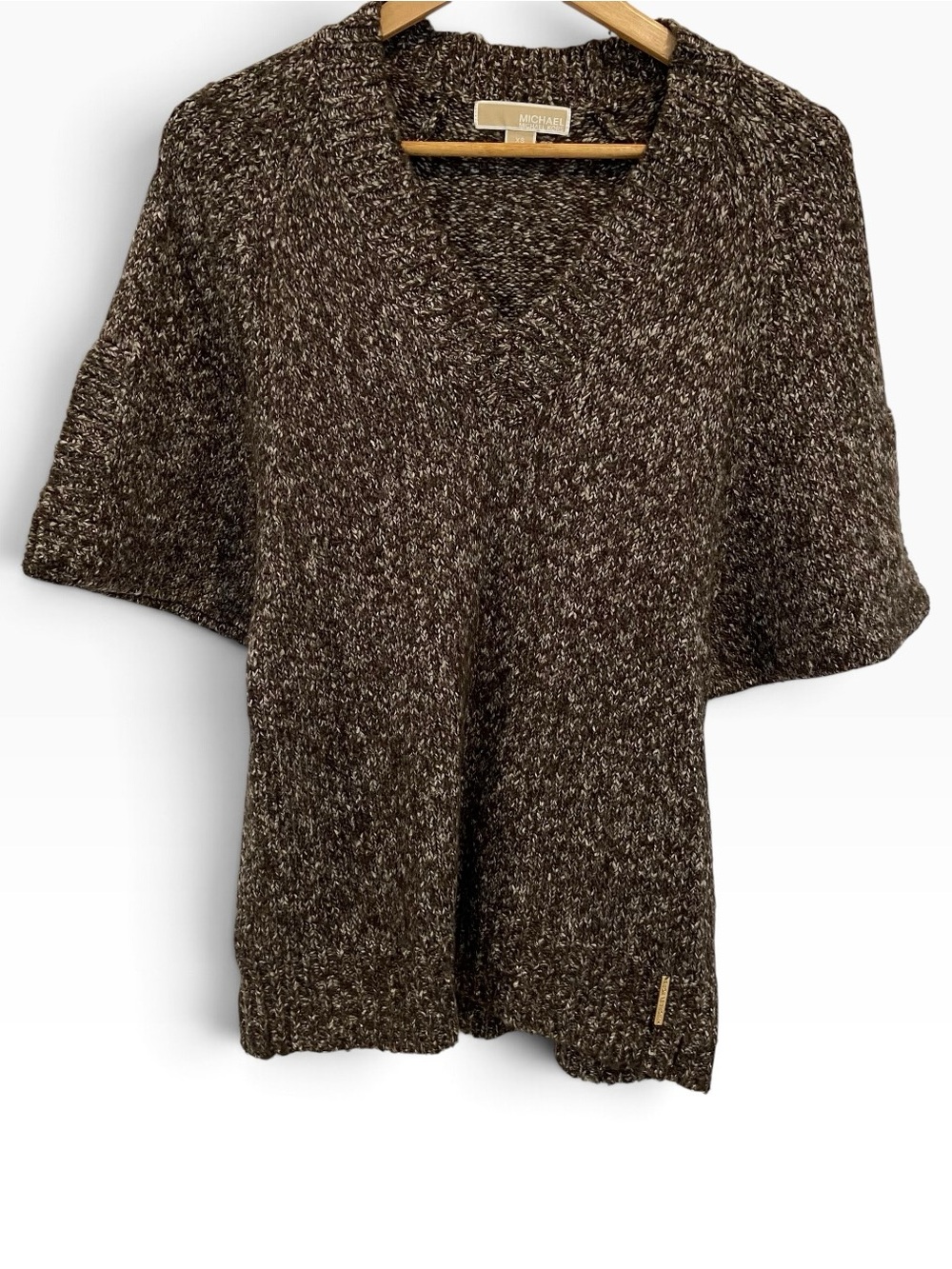 Michael Kors Short Sleeve Marled Knit Sweater Brown White V Neck Size XS